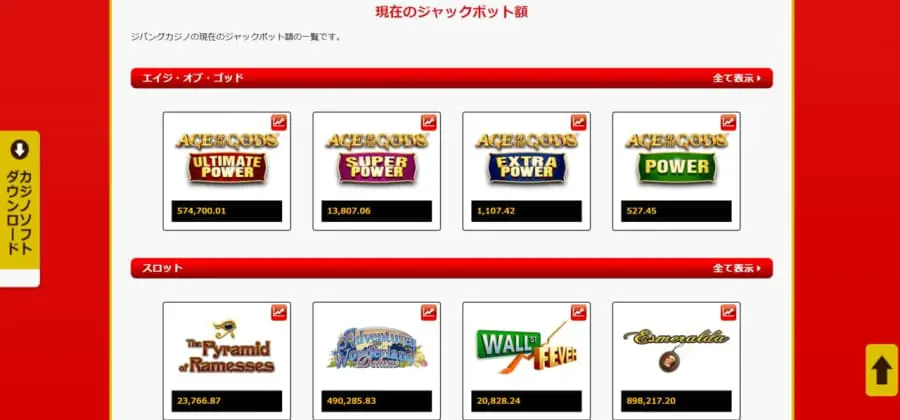 ジパングカジノ　現在のジャックポット額　ゲーム一覧